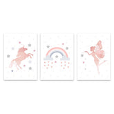 TPFLiving Poster Leinwand / Einhorn, Zauberfee, Regenbogen - Für Kinderzimmer - Auch im 3er Set / Verschiedene Größen - OHNE Rahmen - Modell 3PCS